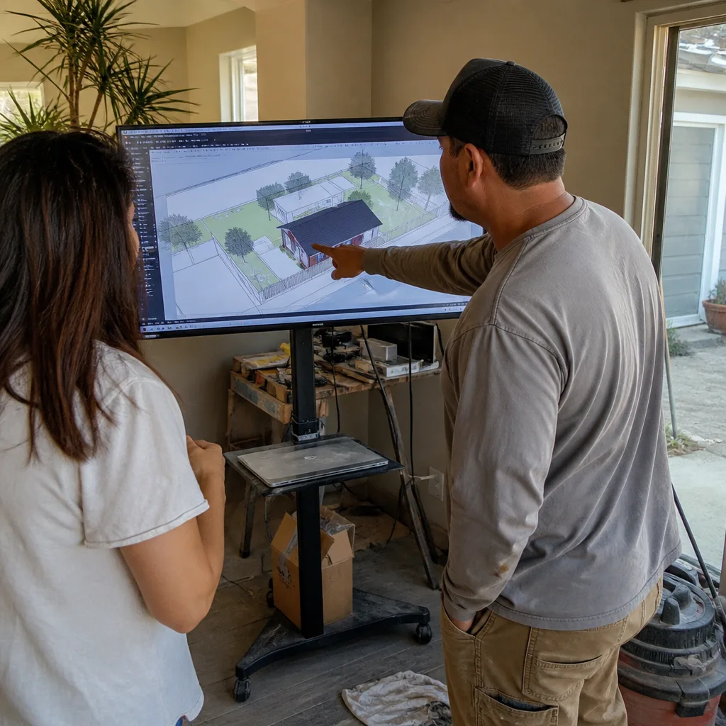 Contractor showing ADU design plans to client on a monitor