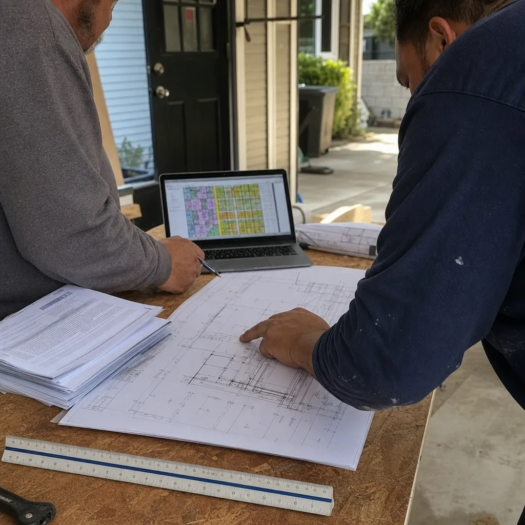 Two professionals reviewing architectural blueprints and site plans for ADU permitting