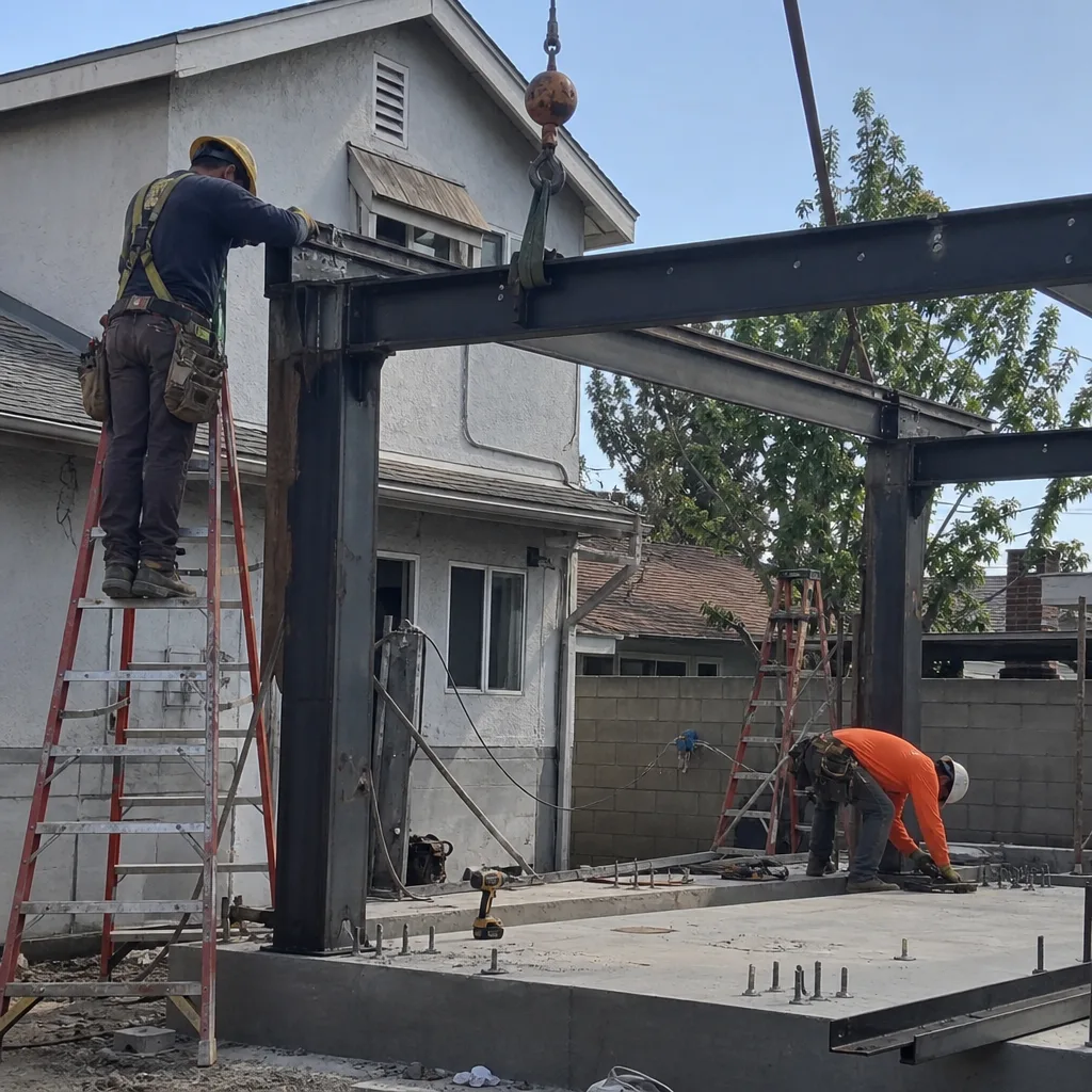 construction workers assembling steel framing for a new detached backyard ADU