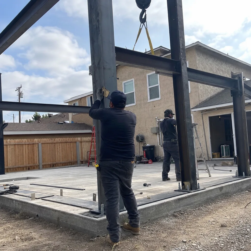 Workers installing steel structural framing for a new detached ADU project