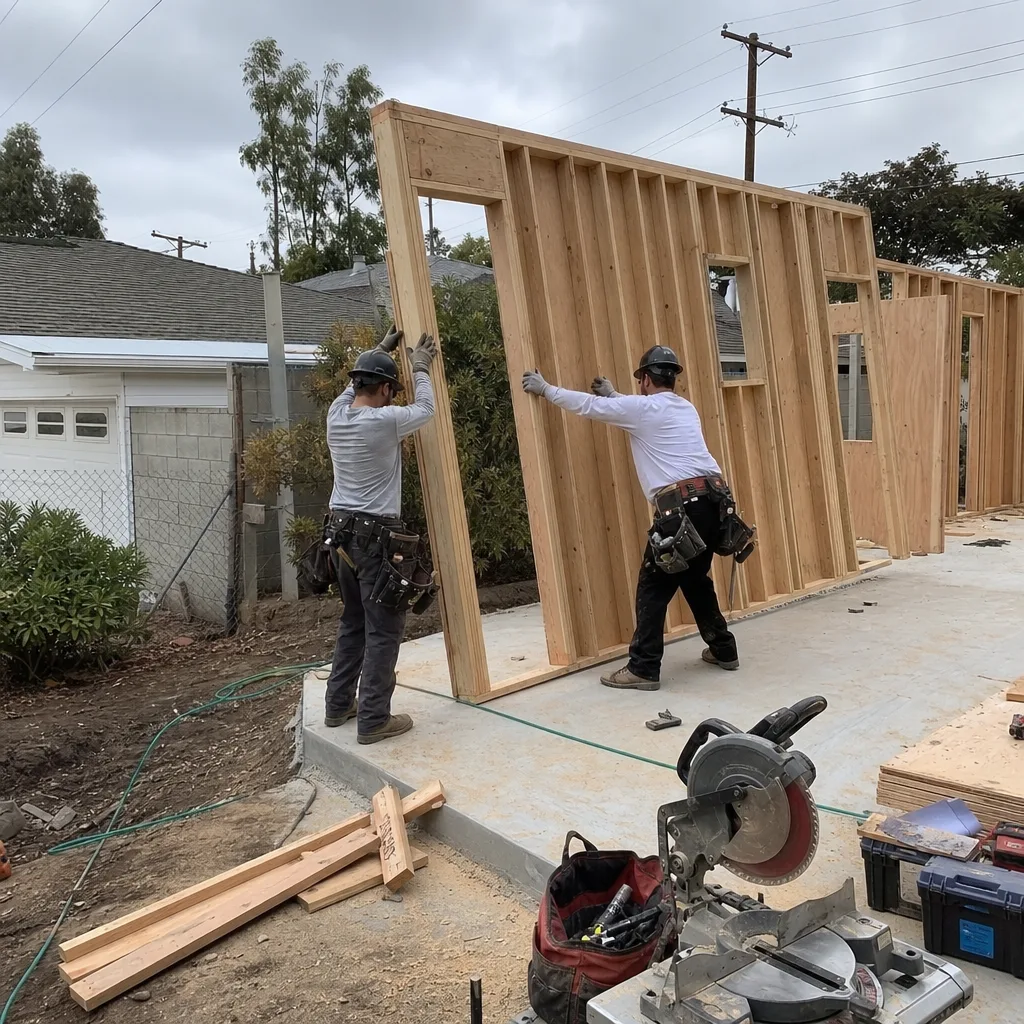 Two construction workers raising a wooden frame wall for an ADU.
